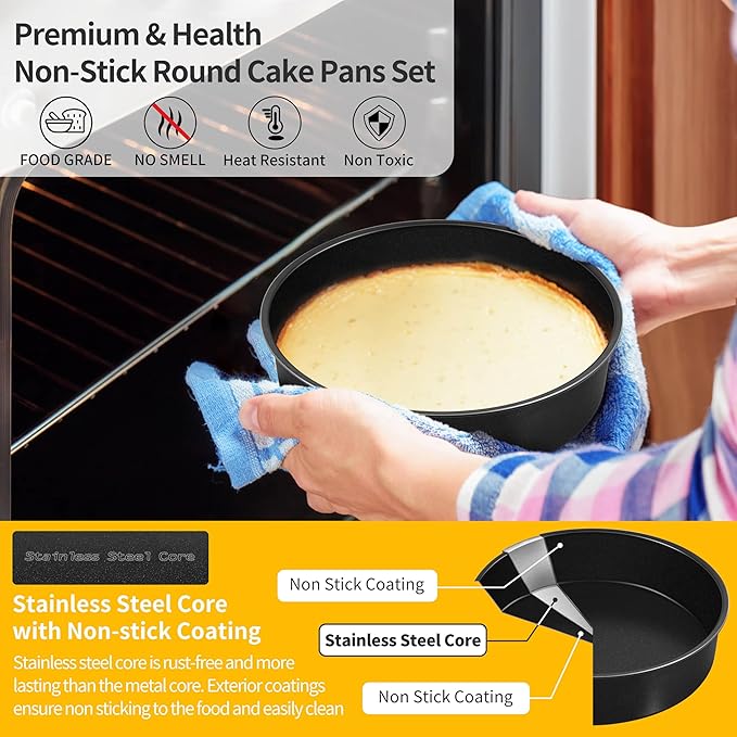 P&P CHEF Cake Pan Set of 3, Non-Stick Round Baking Cake Pans Tins for Tier Smash Cakes, Non-Toxic & Solid, Stainless Steel Core & Leak-Proof, 6 Inch