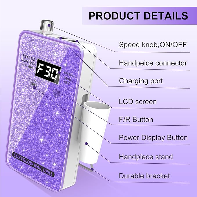 Professional Electric Nail Drill File:COSYGLOW Glitter Portable Cordless E-File Nail Drill Kit with 11 Drill Bits,30000 RPM Rechargeable Nail Drills Machine for Acrylic Nails Gel Polishing(Purple)-BrightBean Baby
