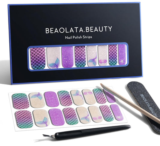 Nail Polish Strips, 32PCS Salon Quality Wraps, Long Lasting Gel Nail Stickers for Women Easy Apply& Remove (Dark Purple&Glitter)-BrightBean Baby