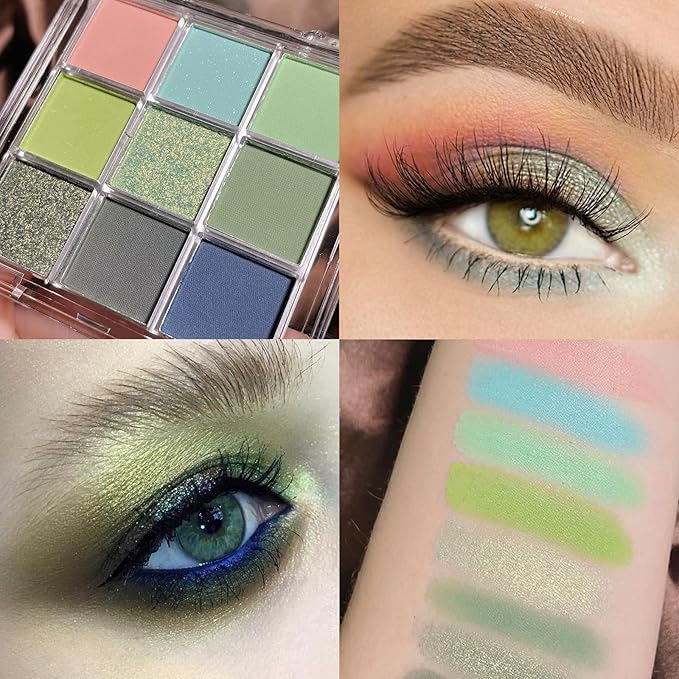 Erinde 9 Colors Eyeshadow Palette, Matte Shimmer Glitter Eye Shadow Palette Makeup, Highly Pigmented Long Lasting Waterproof, Natural Neutral Nude Eyeshadow Make Up Pallet, Blue Green-BrightBean Baby