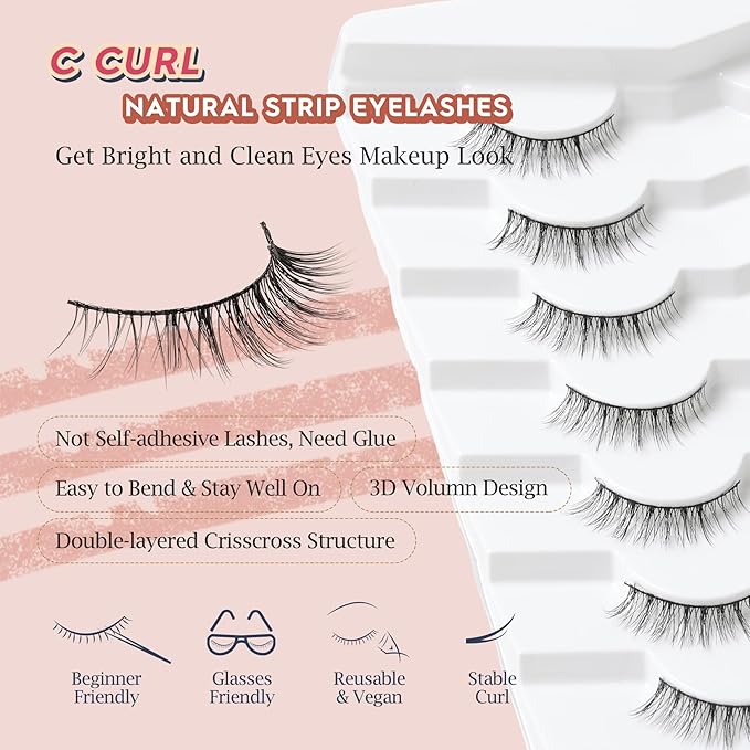 Natural Lashes Wispy Eyelashes Natural Look Short Lashes Pack 12mm Eyelashes C Curl False Lashes Thinner Band 3D Volume Fake Eyelashes 7 Pair Siligli-BrightBean Baby
