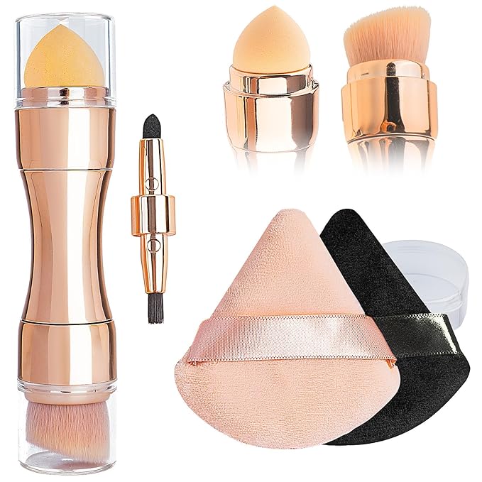 kullder 4 in 1 Makeup Brush Travel Makeup Brushes Blend Sponge, Eyebrow, Eyeshadow & Blush Brushes for Foundation Concealer Double Ended Makeup Brush with Powder Puff Women Ideal Gifts-BrightBean Baby