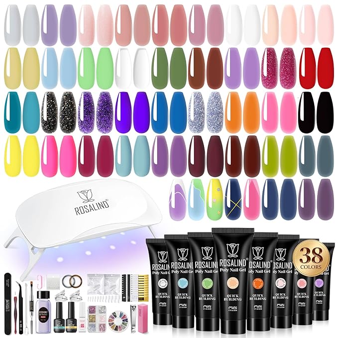 ROSALIND 38PCS Poly Nail Gel Kit with Mini Nail Lamp Neon Blue Poly Extension Gels Kit Hot Pink Nude Poly Nails Set-BrightBean Baby