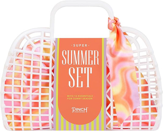 Pinch Provisions Super Summer Jelly Tote, 12 Beach & Poolside Accessories For Beauty, Perfect for Pool & Beach Days, Includes Oil Absorbing Roller, Rechargable Fan, Towel Clips, & Ice Roller-BrightBean Baby