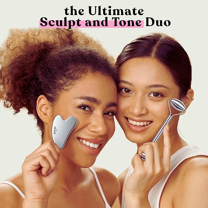 Stainless Steel Face Roller - Premium Gua Sha Facial Tools Stainless Steel GuaSha Tool and Face Roller Set - Gua Sha Stainless Steel Gua Sha Tool - Metal Face Roller and Gua Shua Set - Spa Gifts-BrightBean Baby