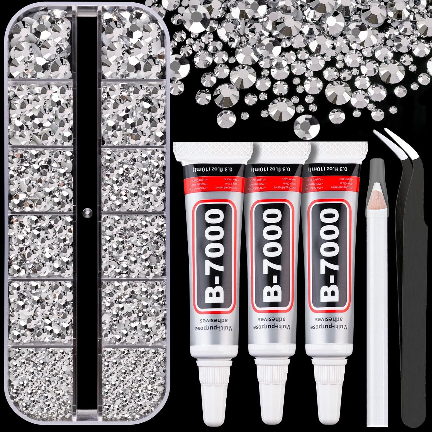 Resin Rhinestones for Crafting with B7000 Jewelry Glue, 1 Box Silver Flatback Crystals with 3Pcs 10ml Glue for Bedazzling Crafts DIY Nail Art Makeup，Non Hotfix Gems for Clothing Shoes-BrightBean Baby