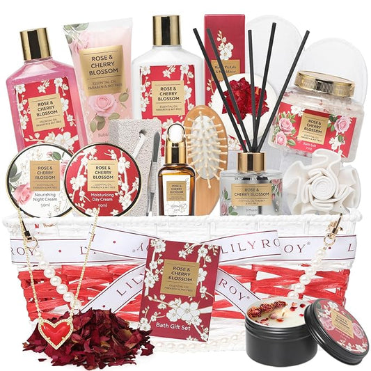 Mothers Day Gifts for Mom Rose & Cherry Blossom Spa Gift Set for Women - 19-Piece Luxury Bath & Body Care Kit with Necklace, DIY Chain, Shower Gel | Valentine's Day, Christmas Gifts for Her, Wife-BrightBean Baby