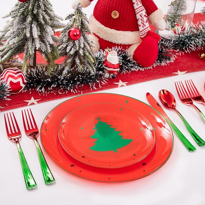 Liacere 200PCS Christmas Plastic Silverware - Red and Green Plastic Silverware include 100PCS Red and Green Forks, 50PCS Red and Green Knives, 50PCS Red and Green Spoons for Christmas