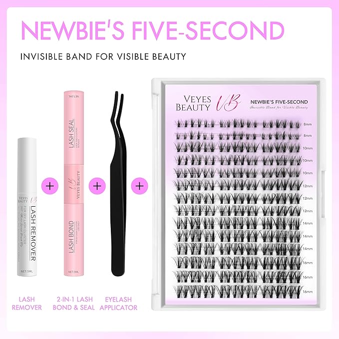 VEYESBEAUTY Lash Clusters Kit Eyelash Extensions Thin & Invisible Band DIY Individual False Eyelashes Newbie's Five-Second Series Lash Tray for Self-application, Whisper Lash 8-16mm Mixed Length-BrightBean Baby