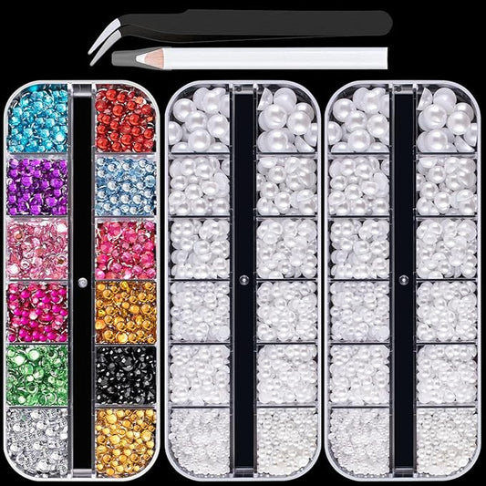 Flat Back Rhinestone+Half Round Pearl Kits Colorful Rhinestones+White Pearls with Picker Pencil and Tweezer for Home DIY and Professional Use-BrightBean Baby