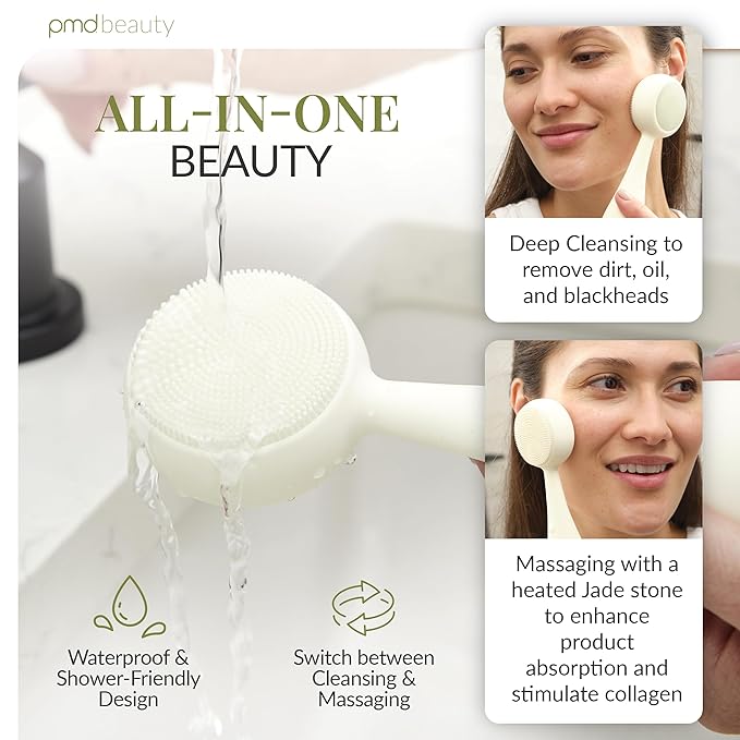 PMD Beauty Clean Pro Jade - Smart Facial Cleansing Device with Silicone Brush & Jade Gemstone ActiveWarmth Anti-Aging Massager - Waterproof - SonicGlow Vibration - Clear Pores & Blackheads-BrightBean Baby