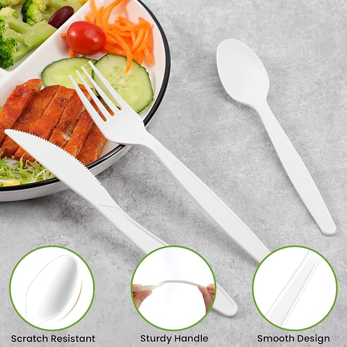 Compostable Utensils Set (300Pack), Heavy Duty & Eco-Friendly No-Plastic Spoons, Forks, Knives Cutlery Set - 100% Disposable Cornstarch Flatware for Lounge Party Wedding BBQ Picnic Camping