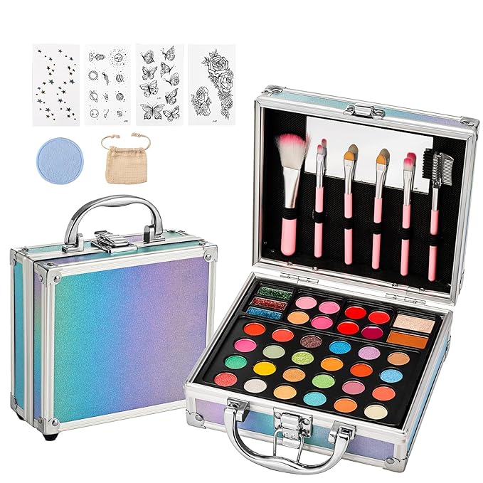 Anpro All-In-One Makeup Carry Case with Pro Teen Makeup Set, Full Starter Cosmetics Kit with Makeup Brushes, Eye Shadows Palette, Blushes, Glitter Gel, Temporary Tattoo Stickers - Blue-BrightBean Baby