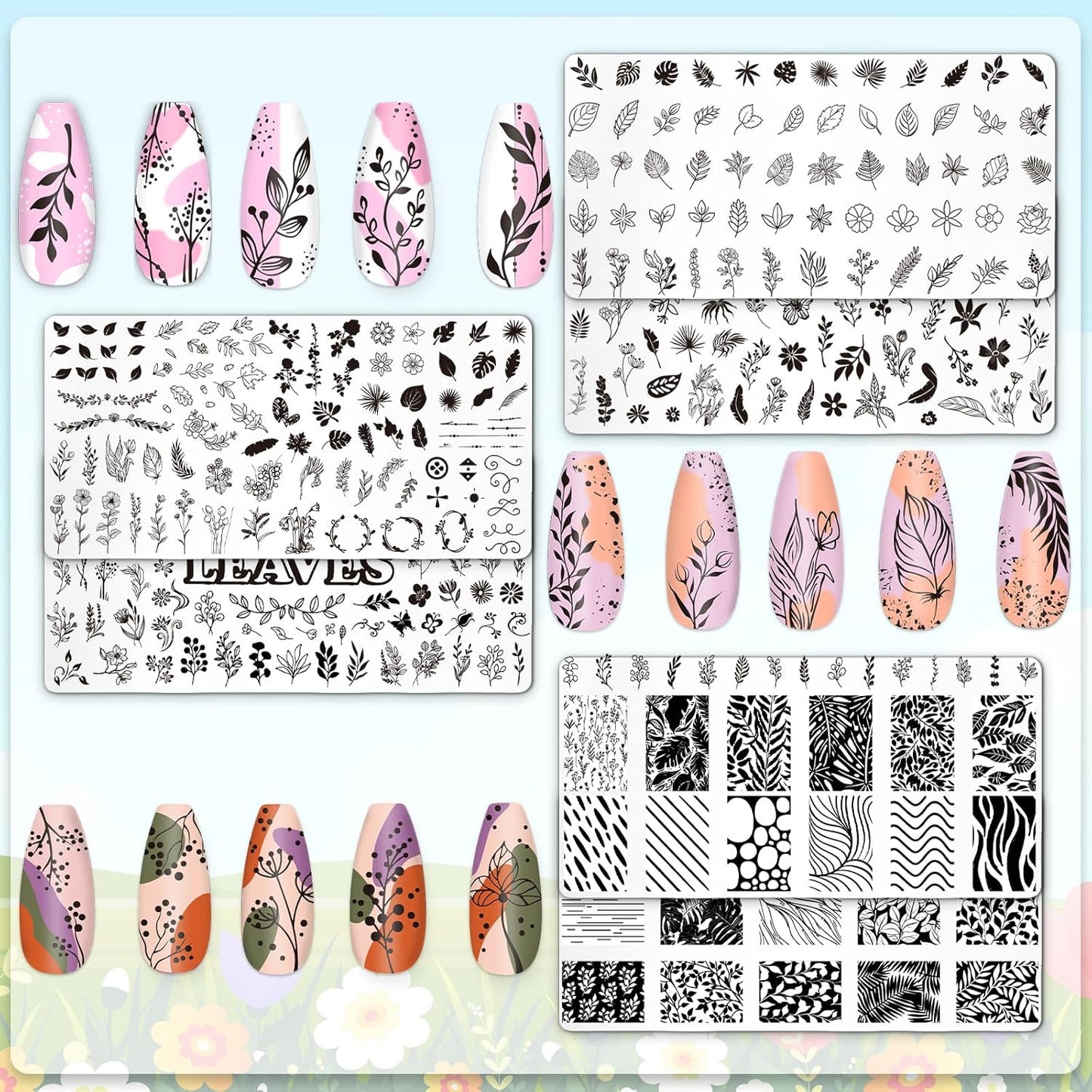 Whaline 6Pcs Spring Floral Leaves Nail Plates Stamping Set Plant Leaves Stamp Templates Nail Art Plates for DIY Print Manicure Salon Design-BrightBean Baby