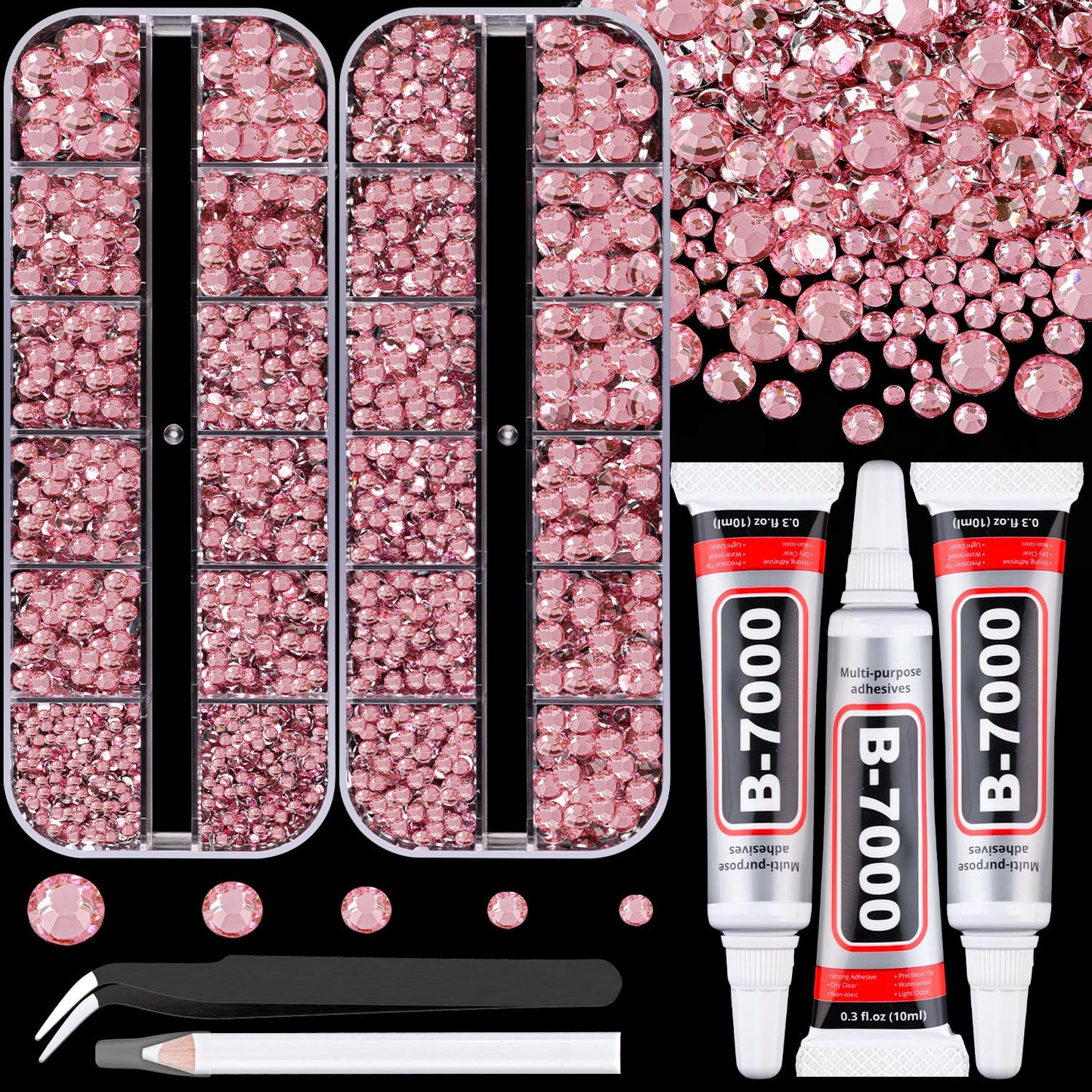 Resin Rhinestones for Crafting with B7000 Jewelry Glue, 2 Boxes Dark Pink Flatback Crystals with 3Pcs 10ml Glue for Bedazzling Crafts DIY Nail Art Makeup，Non Hotfix Gems for Clothing Shoes-BrightBean Baby