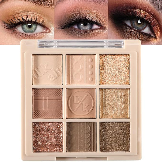 Erinde 9 Colors Eyeshadow Palette, Matte Shimmer Glitter Eye Shadow Makeup Palette, Highly Pigmented Long Lasting Waterproof, Natural Neutral Nude Eyeshadow Makeup Pallet, Cashmere-BrightBean Baby