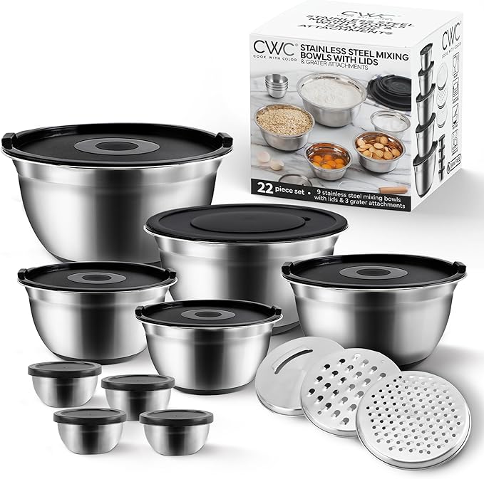 COOK WITH COLOR Stainless Steel Mixing Bowls Set with Lids - Nesting Bowls with Non-Slip Bottom, Silver, 22 Pieces