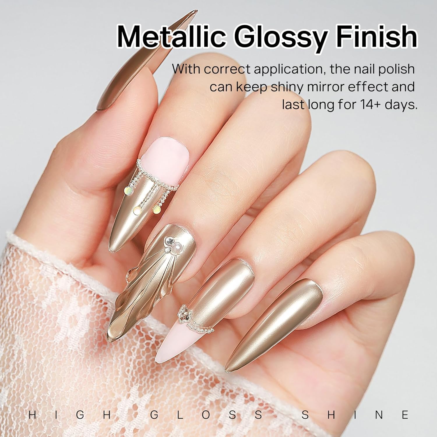 MIZHSE Champagne Mirror Nail Polish, Quick Dry Metallic Nail Polish, Air Dry Fast Chrome Nail Lacquer Bright Color Oil-based Nail Art Manicure DIY Home-BrightBean Baby