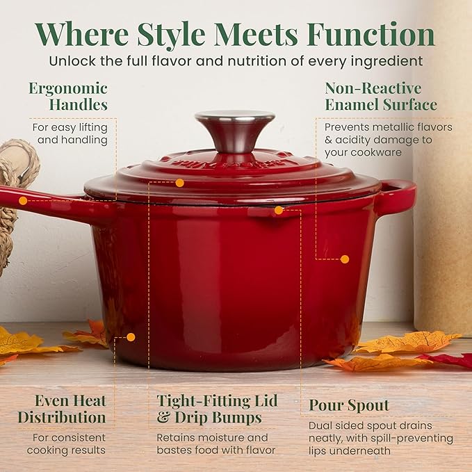 Larder & Vine Enameled Cast Iron Saucepan | 2.2 qt Sauce Pan with Lid | Saucepan with Pour Spouts | Enameled Cast Iron Pot Compatible on All Cooktops & Oven Safe to 500° F | Cabernet