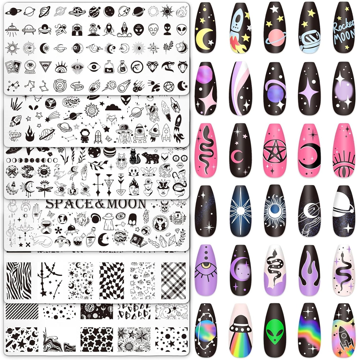 Whaline 6Pcs Outer Space Nail Plates Stamping Set Rocket Moon Planet Astronaut Stamp Templates Nail Art Plates for DIY Print Manicure Salon Design-BrightBean Baby