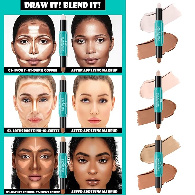 MEICOLY 2-in-1 Highlighter Contour Stick,Cool Toned Contour Stick,Makeup Highlighter Stick,Long Lasting Waterproof Bronzer Contour Pencil,Travel Cream Face Shaping Stick,02-BrightBean Baby