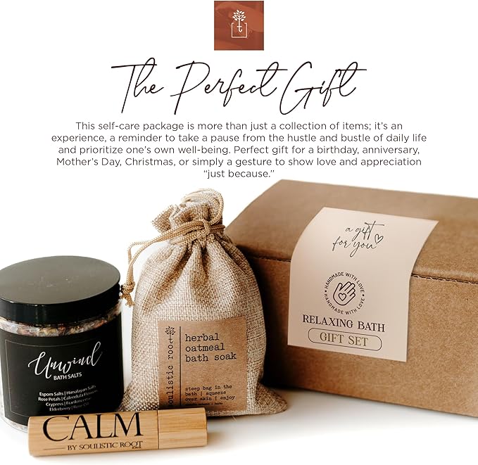 Relaxing Bath Gift Set, Luxury Spa Gifts for Women, Self Care Products for Women and Men, Calm Essential Oil Roller, Oatmeal Lavender Bath Soak & Epsom Salts with Essential Oils-BrightBean Baby