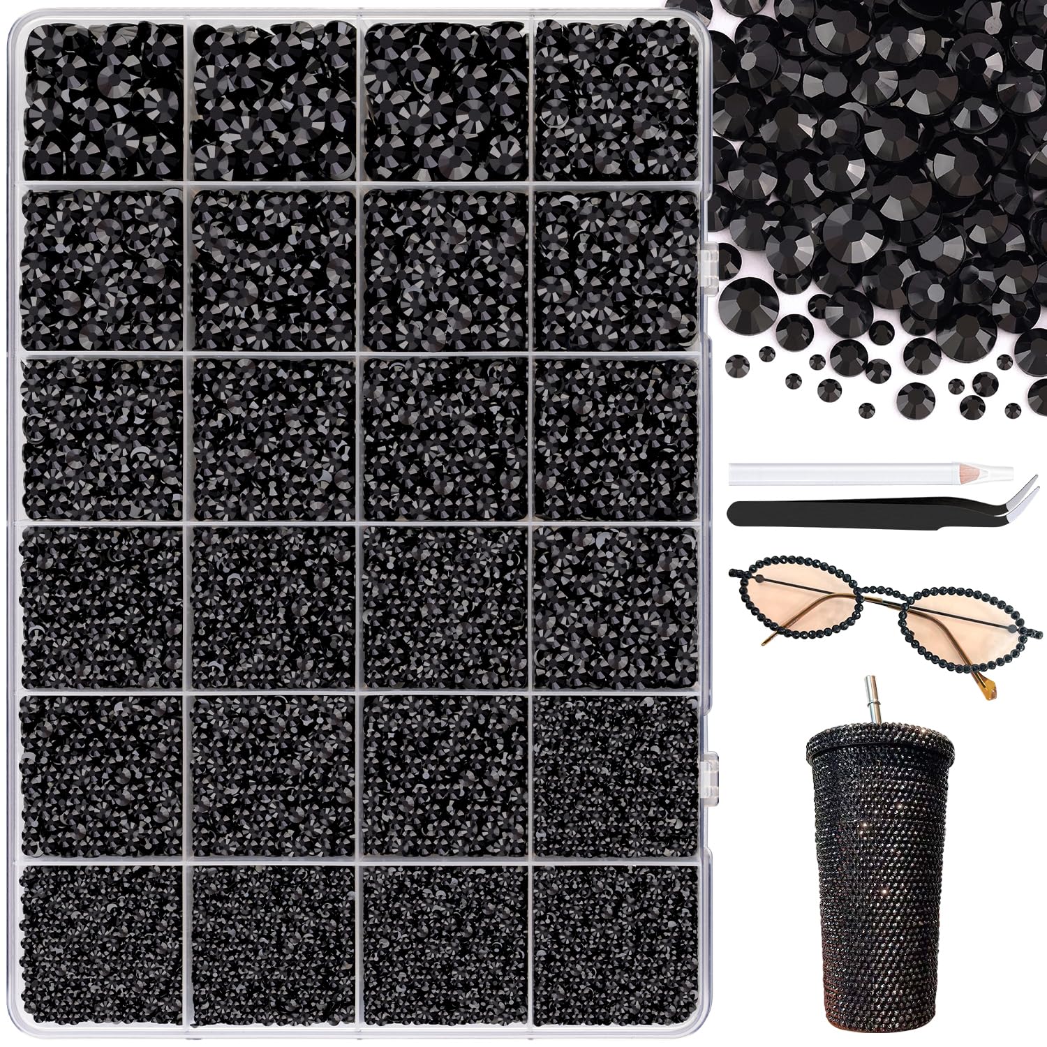 25000Pcs Resin Jelly Rhinestones with Tweezers for Crafting, 2-6mm Mixed Sizes (Black) Non Hotfix Flatback Gems, Bedazzling Crystal for DIY Crafts Clothing Tumblers Mugs Shoes Decor Nail Art-BrightBean Baby
