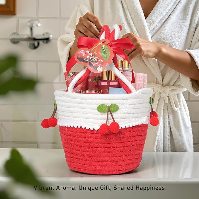 Spa Gifts for Women, Cherry & Berry Spa Gift Set for Teenage Tote Bag, Shower Gel, Hand & Body Lotion, Hitrees Birthday for Best Friend Woman, Mom, Mothers Day-BrightBean Baby
