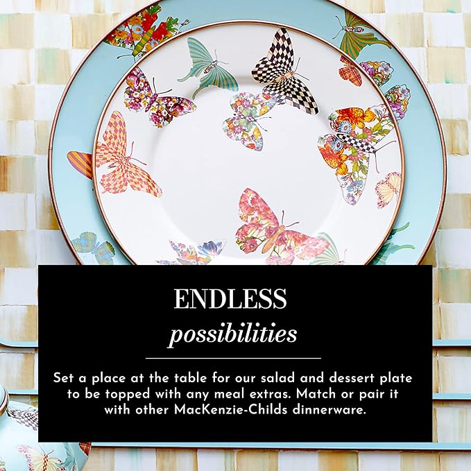 MACKENZIE-CHILDS Enamel Salad and Dessert Plate, Small Plate for a Dessert or Appetizer Dish, 8 Inches, Butterfly Garden