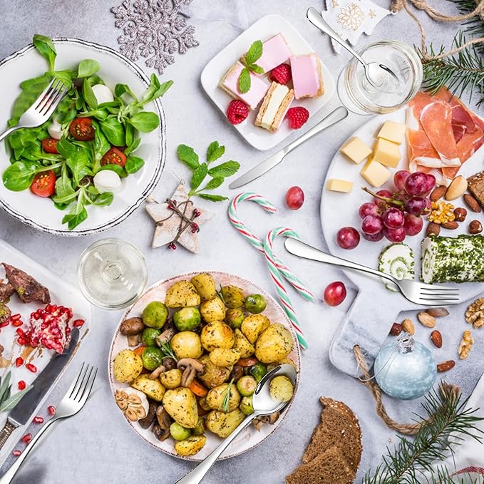 SANTUO Stainless Steel Forks Set, 6PCS 7.3" Salad Forks and 6PCS 6.7" Dessert Forks, Set of 12 Top Food Grade Silverware Forks, Mirror Polished & Dishwasher Safe