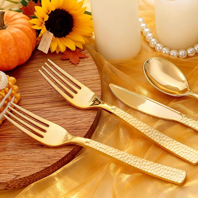 KIRE 400PCS Gold Plastic Silverware - Extra Heavy Duty Hammered Silverware Disposable Set, Gold Utensils Set Include 200 Forks,100 Knives,100 Spoons for Thanksgiving Party, Wedding