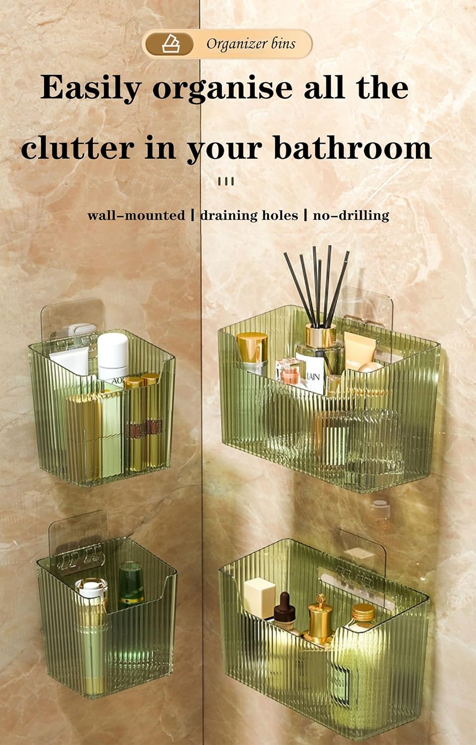 Set Of 2 Storage Organizer Bins Wall Mounted Shower Basket, Shower Caddy Stackable Clear Plastic Makeup Organizer Adhesive Hanging Bin for Bathroom, Kitchen, Cabinet, Pantry, BPA Free, Green-BrightBean Baby