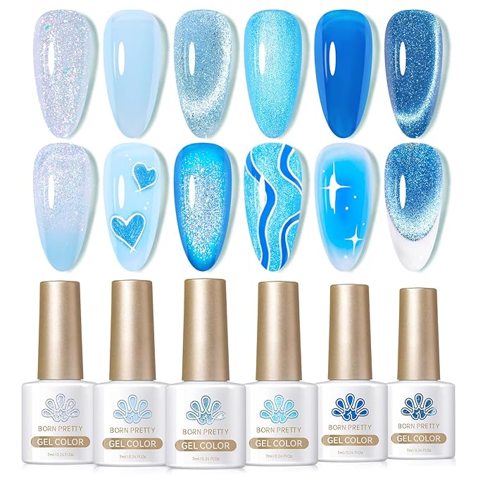 Born Pretty Gel Nail Polish Blue Series,Jelly Transparent,Cat Magnetic Eye,Shimmer Glitter Holographic Blue Gel Polish Kit for Salon Manicure and Nail Art DIY at Home 6Colors-BrightBean Baby