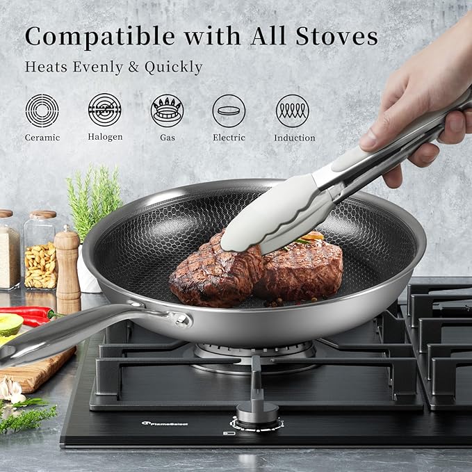 Stainless Steel Nonstick Frying Pan with Lid 10 Inch - Honeycomb Skillet Wok Pan