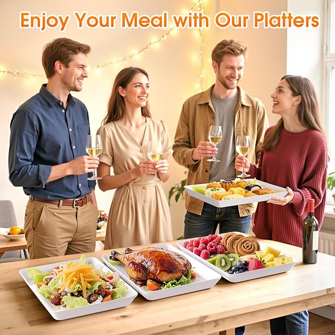 4-Pack Serving Tray, Serving Platter for Parties, Entertaining, Camping & Food Display, Reusable & Stackable Plastic Trays in Kitchen, Rectangular Food Platters for Cookie, Appetizer(White)