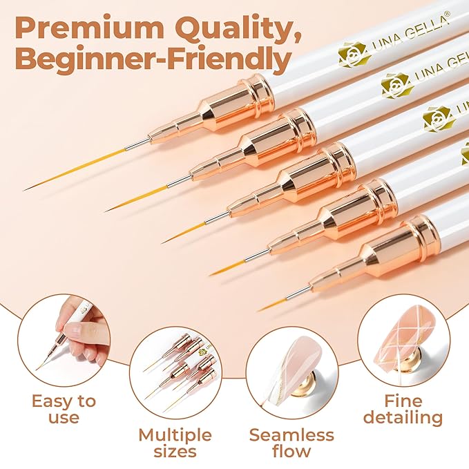 UNA GELLA Nail Art Brushes Metallic, Liner Pens Set For Nail Art Gel Polish, 5Pcs White Color, Detail Nail Art Design Painting Brush Set For Nails Gel Fine Drawing Nail Tools, Sizes 7/9/11/15/25mm-BrightBean Baby