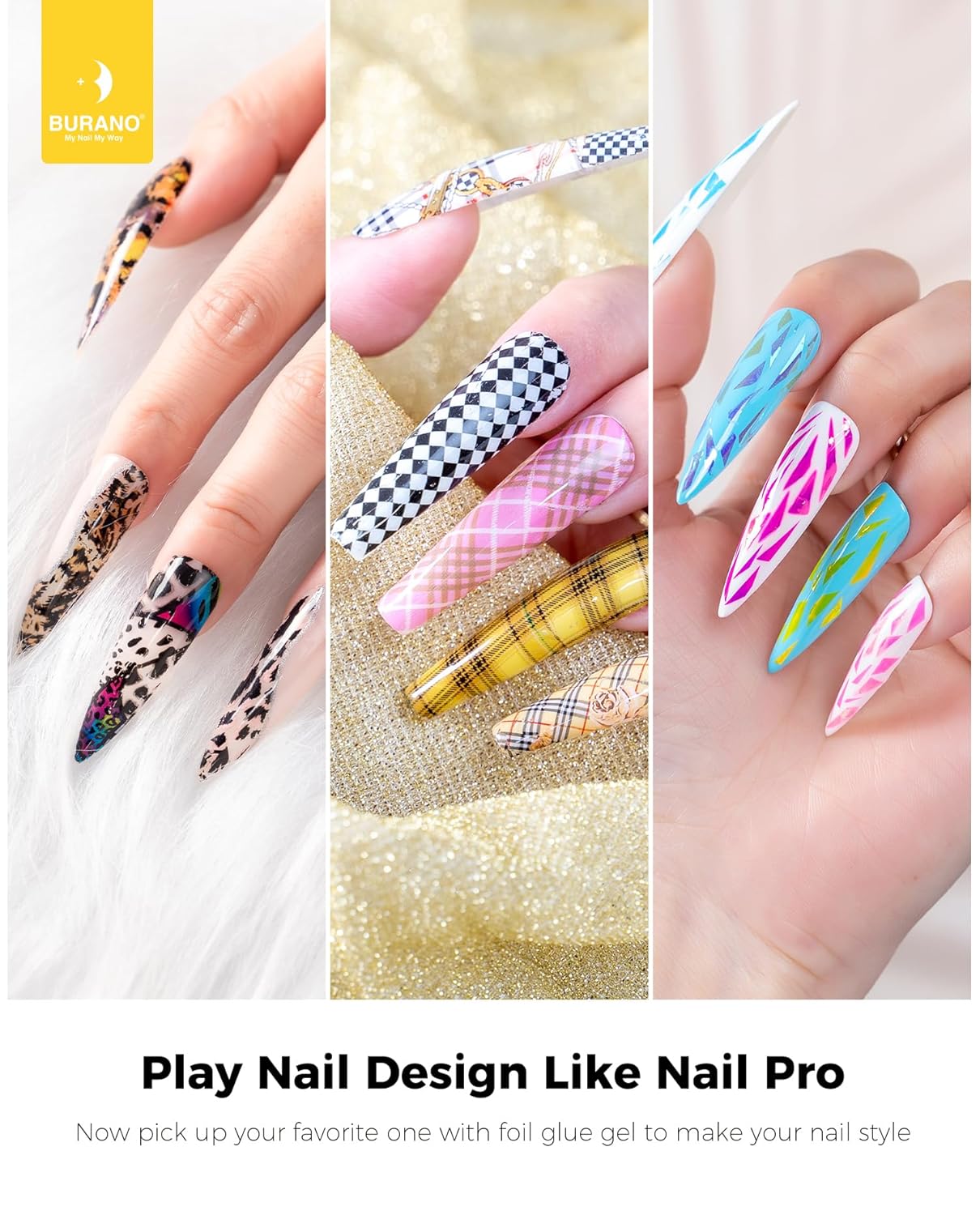 BURANO Nail Art Nail Foil Glue Gel, o.5 oz with 10PCS Foil Stickers Set Nail Foil Glue for Nails Foil Transfer Gel, Nail Design Home DIY UV LED Lamp Required (Marble Glitter) 22-BrightBean Baby