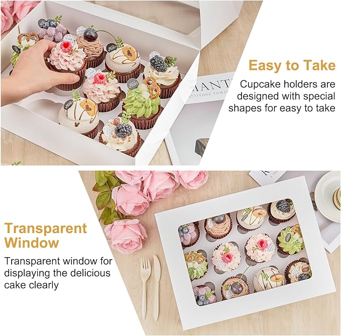 Kucoele 12 Count Cupcake Boxes, 12 Pack White Cupcake Containers with Windows and Inserts, Disposable Cupcake Carriers for Muffins, Treats, Pastries, 13 x 10 x 4 Inches