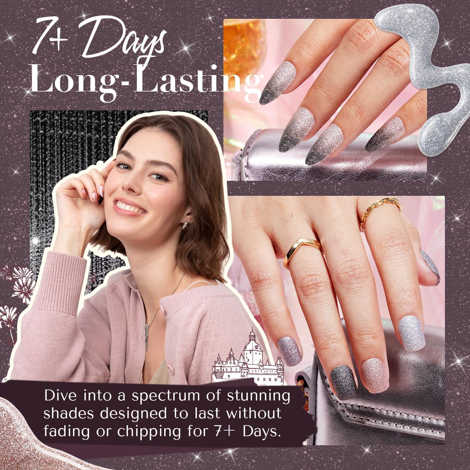 AZUREBEAUTY Matte Glitter Nail Polish Set 4 Colors Diamond Platinum Silver Purple Black Nude Nail Polish Quick Dry Natural Nail Kit with Top Coat DIY Salon Home-BrightBean Baby