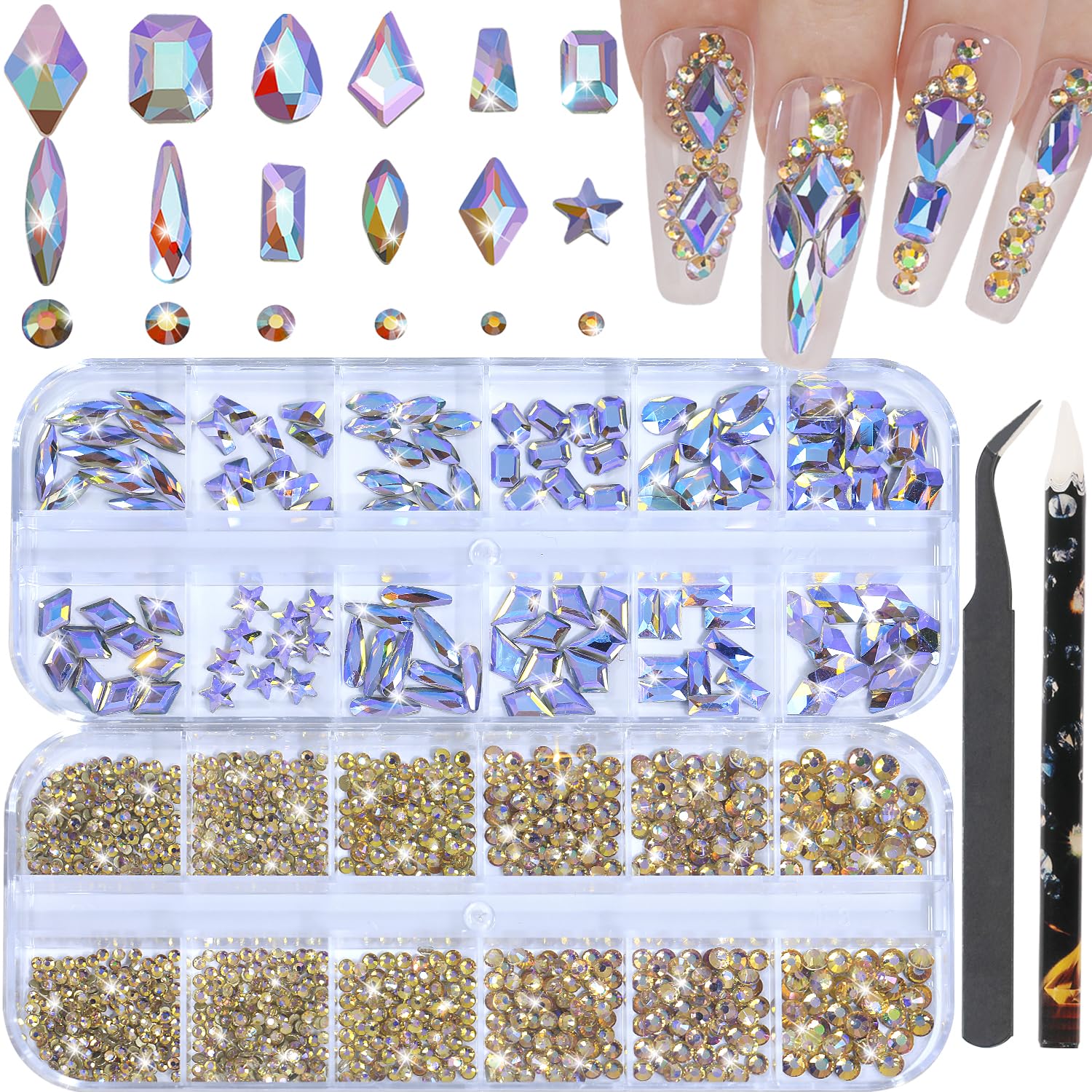 HNUIX Nail Rhinestones - 3D Multi Shape Size Crystal, Phantom Purple Nail Gems, Flat Back, with Kit, for Nail Art, DIY Decorations-BrightBean Baby