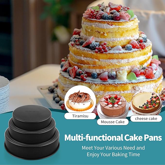 P&P CHEF 6/8/ 9.5 Inch Cake Pan Set of 3, Non-Stick Round Cake Pans Tins for Tier Smash Cakes, Baking Pans Set & Essential Bakeware, Stainless Steel Core & Leak-Proof