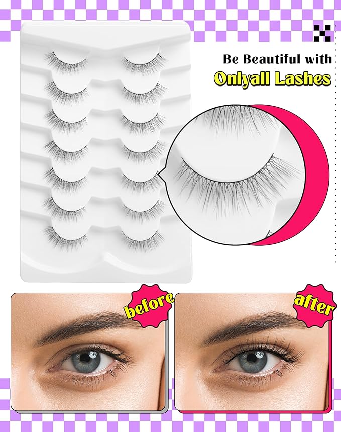 Onlyall Natural Lashes Wispy Lashes Natural Look False Eyelashes Natural Flared Eyelashes False Eye Lashes Soft Fluffy Lashes 7 Pairs DK32, Black-BrightBean Baby