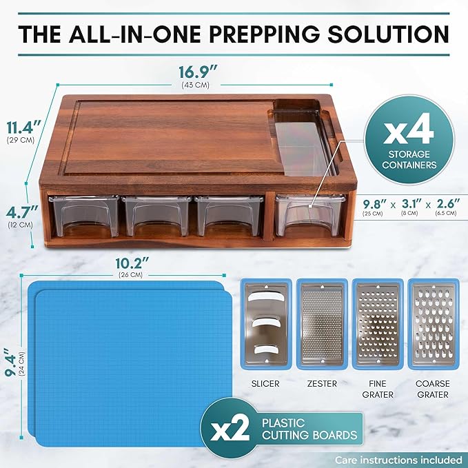 Acacia Cutting Board with Containers & Lids - Board Meal Prep System w 4 Graters, 2 Plastic Chopping Board for Meat, Juice Grooves & More - Cutting Board Prep Station for Kitchen