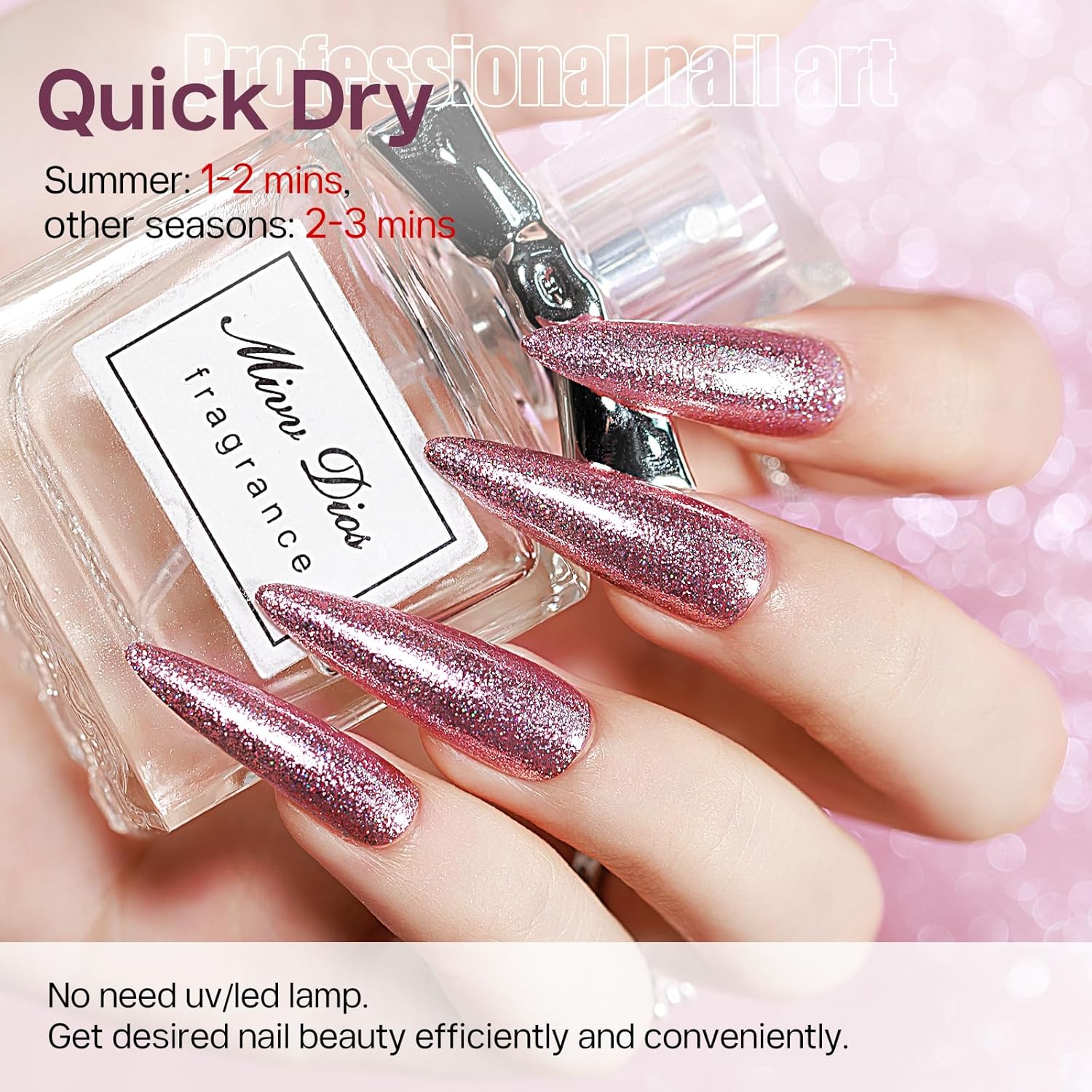 MIZHSE Quick Dry Glitter Pink Nail Polish, Shimmery Nail Polish Air Fast Drying, 15ml High Glossy Sparkly Shiny Nail Lacquer Nail Art Salon Manicure Home-BrightBean Baby