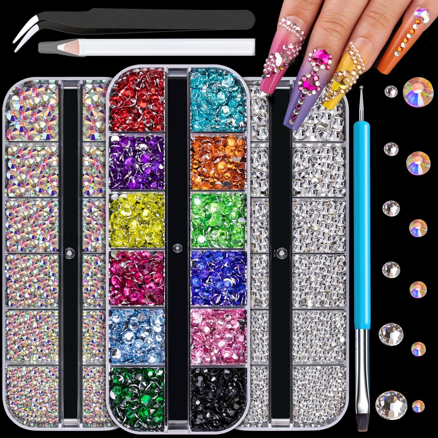 Rhinestones for Nails, Manicure Gem, Flatback Glass Crystal AB + Transparent Clear Gemstones and Colorful Resin Beads, 2-5mm Round Gems for Professional Salon DIY Nail Art with Pickup & Dotting Tools-BrightBean Baby