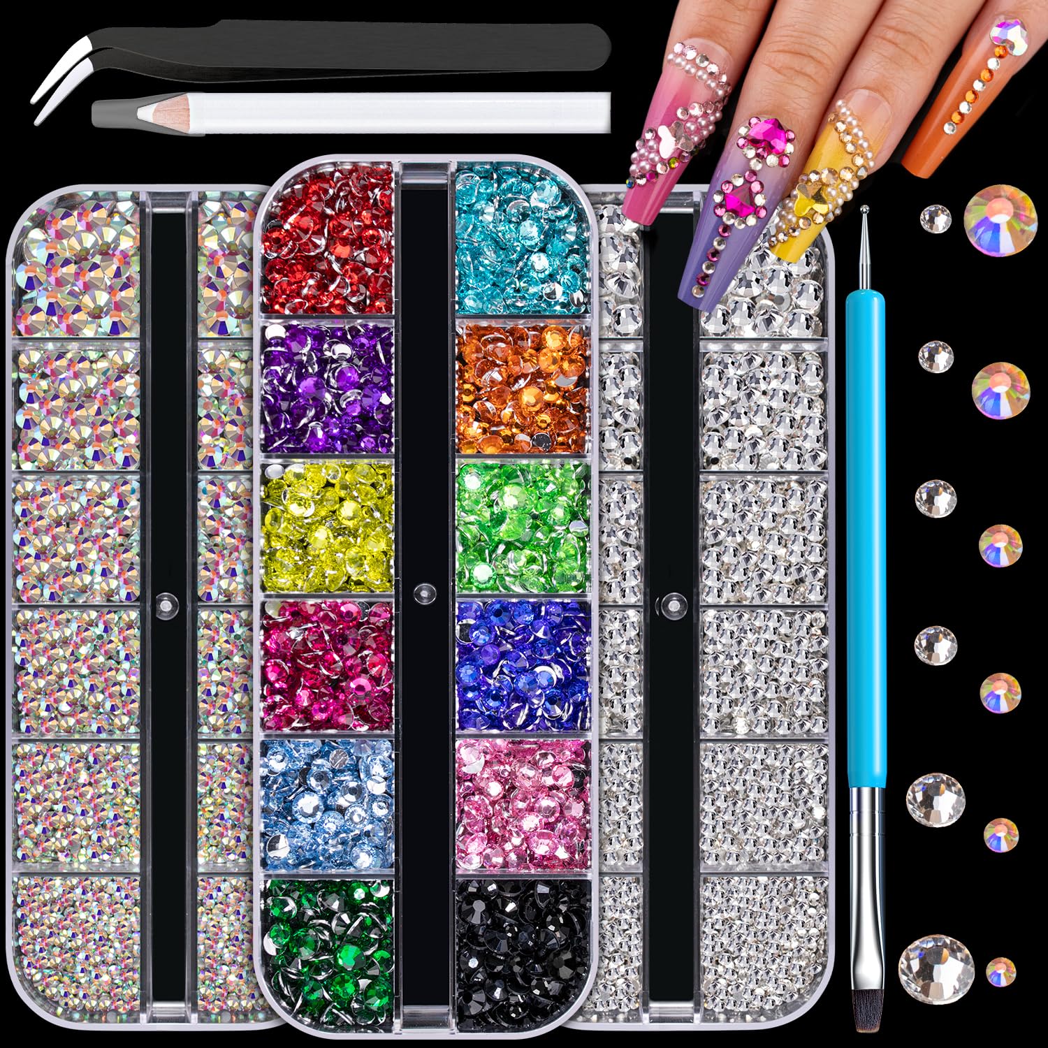 Rhinestones for Nails, Manicure Gem, Flatback Glass Crystal AB + Transparent Clear Gemstones and Colorful Resin Beads, 2-5mm Round Gems for Professional Salon DIY Nail Art with Pickup & Dotting Tools-BrightBean Baby