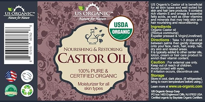 US Organic Castor Oil, USDA Certified Organic,Expeller Pressed, Hexane Free, 100% Pure & Natural moisturizing and emollient properties, For Skin, Hair Care, Eyelashes, DIY projects (8 oz (240 ml))-BrightBean Baby