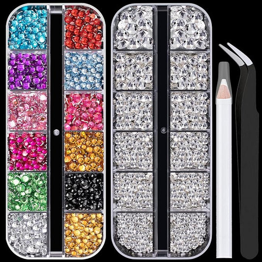 Flat Back Rhinestone Kits Colorful Rhinestones+Transparent White Gems With Picker Pencil And Tweezer For Home DIY And Professional Nail Art-BrightBean Baby