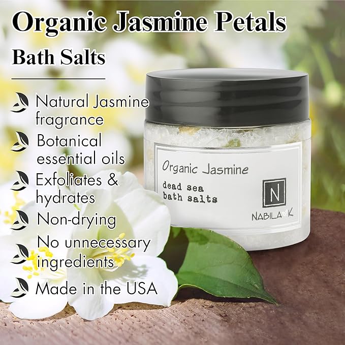 Organic Jasmine Bath Salts by Nabila K - Dead Sea Salt & Epsom Salt Scrub & Soak - Exfoliates & Hydrates Skin, Botanical Essential Oils - Bubble Bath Accessories for All Skins Types, 8 oz-BrightBean Baby