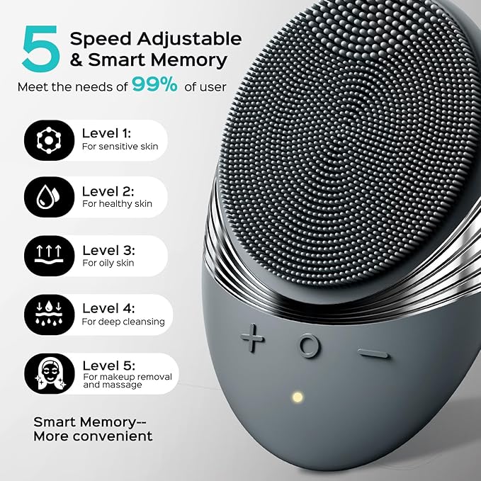 COSLUS Facial Cleansing Brush Face Scrubber : Portable Silicone Waterproof Rechargeable Face Wash Brush, 5 Cleansing Modes, Electric Deep Cleaning for Men & Women, Removing Blackhead, Exfoliating-BrightBean Baby